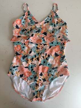 Janela Bay Floral Ruffle One Piece Swimsuit with Cutout Back, Size L